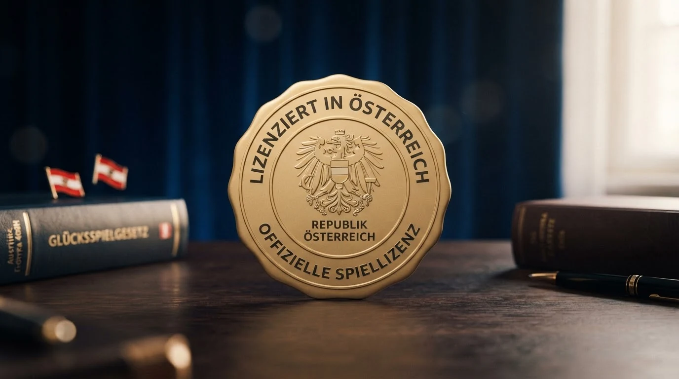 Das offizielle österreichische Bundeswappen neben dem Logo der win2day-Plattform und dem Schriftzug „GSpG § 12a“ auf einem seriösen dunklen Hintergrund.