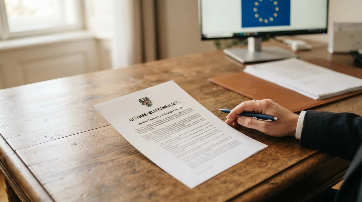Offizielles Dokument des österreichischen Bundesministeriums für Finanzen zum Glücksspielgesetz neben dem EU-Emblem