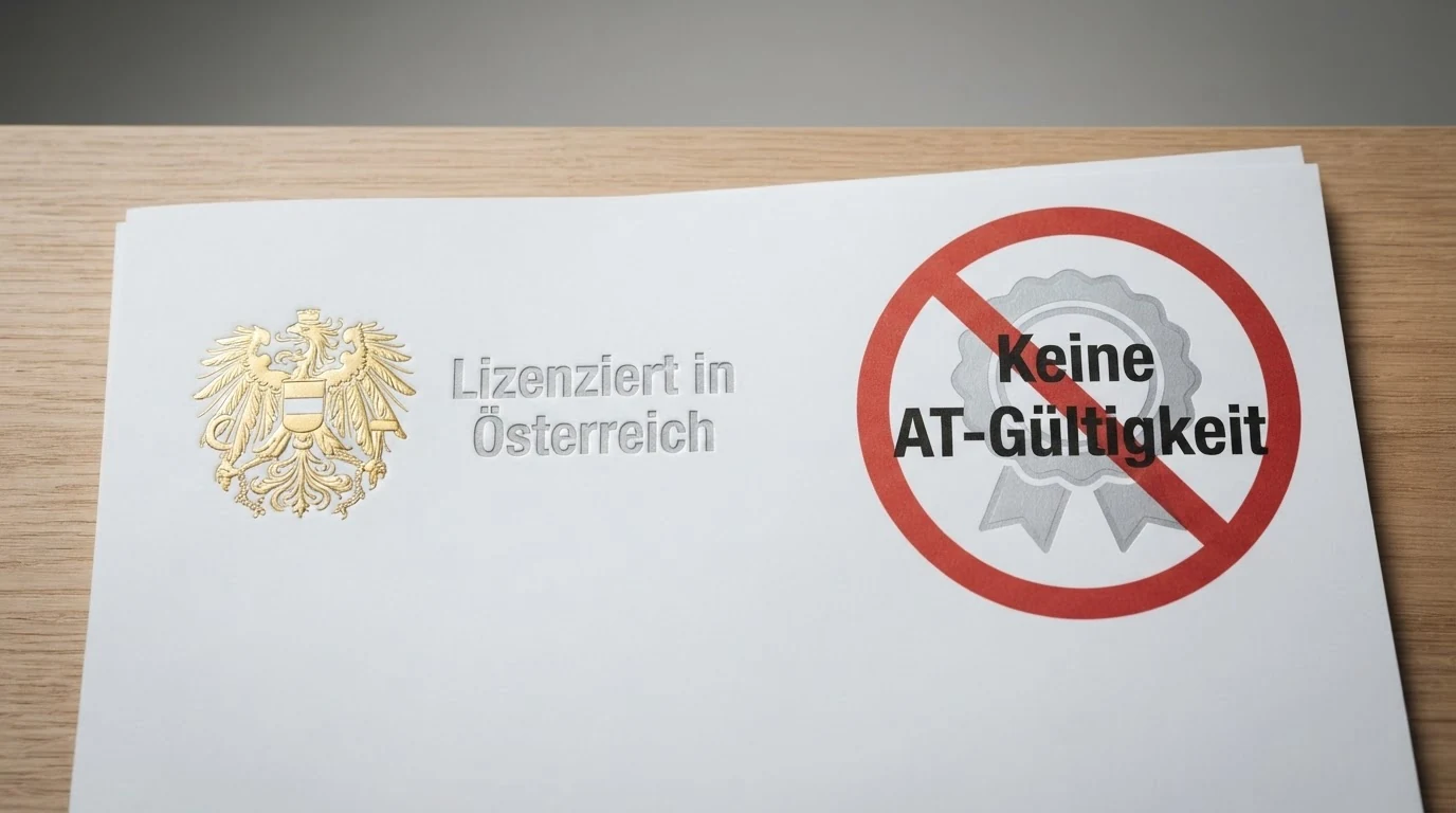 Offizielles Hoheitssiegel der Republik Österreich (Bundesadler) neben dem win2day-Logo auf der linken Seite, rechte Seite ein rot durchgestrichenes MGA-Logo mit der Beschriftung „Keine AT-Gültigkeit"
