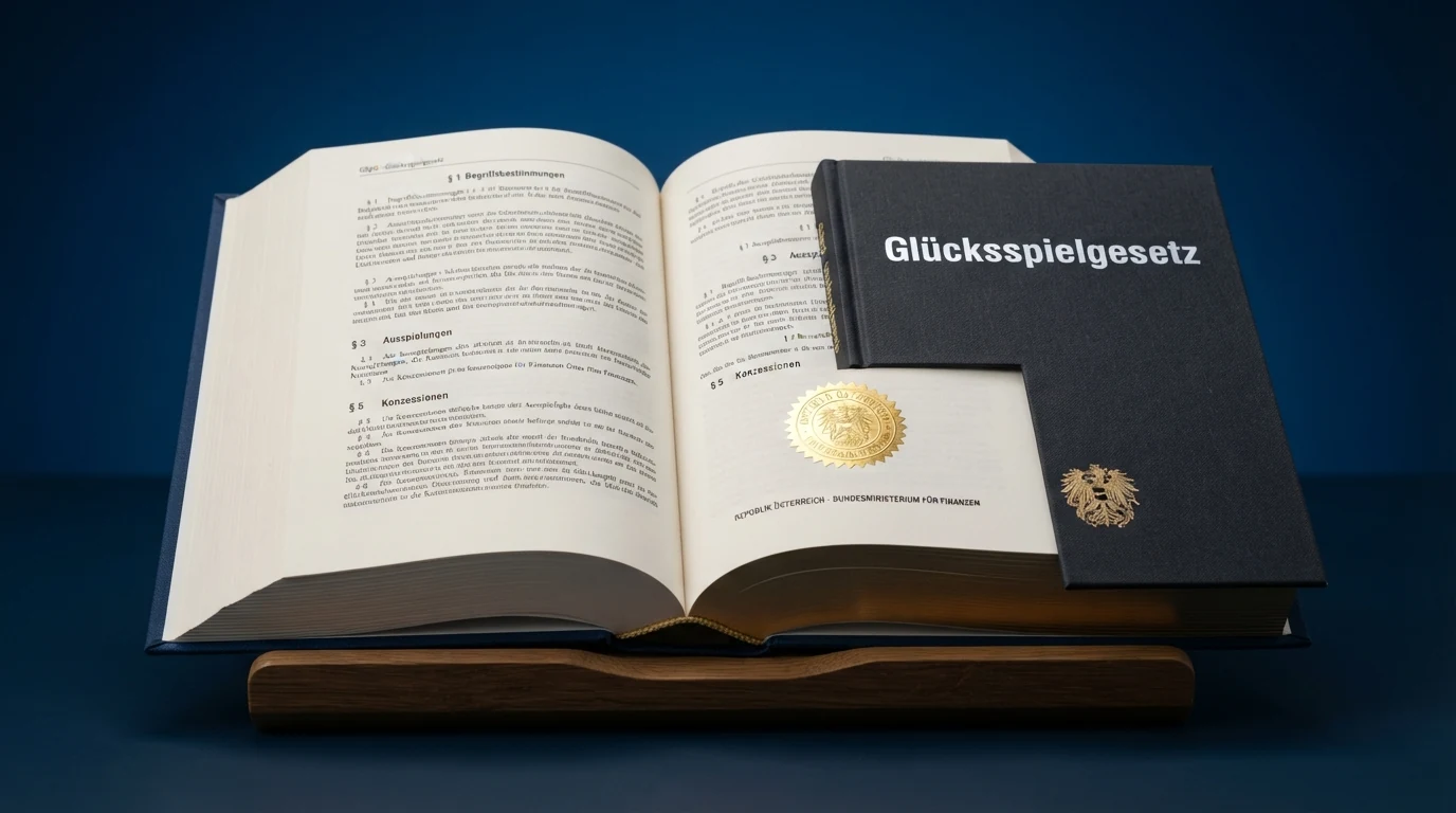 Ein aufgeschlagenes Gesetzbuch mit dem österreichischen Bundesadler und dem Titel „Glücksspielgesetz“