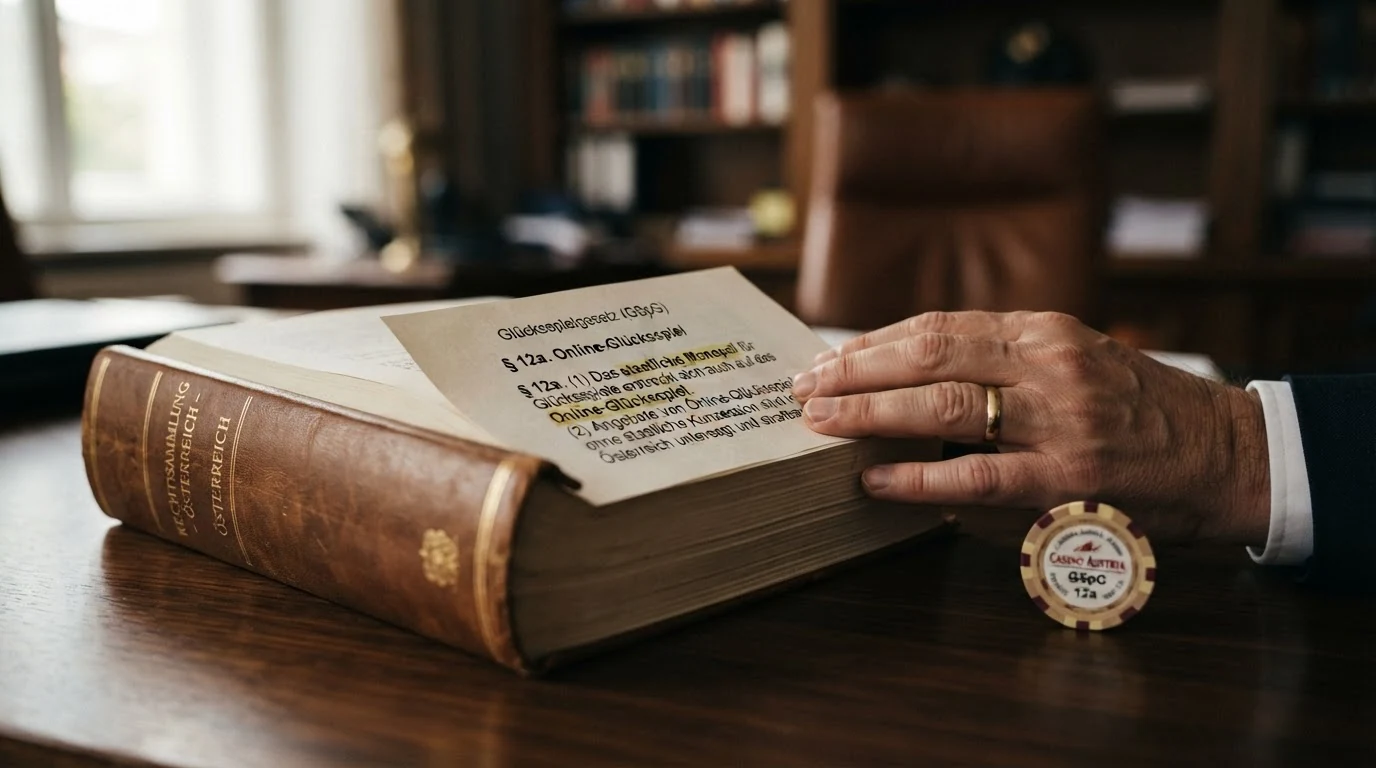 Ein aufgeschlagenes österreichisches Gesetzbuch mit dem markierten Paragrafen 12a GSpG und dem Bundesadler auf der gegenüberliegenden Seite.