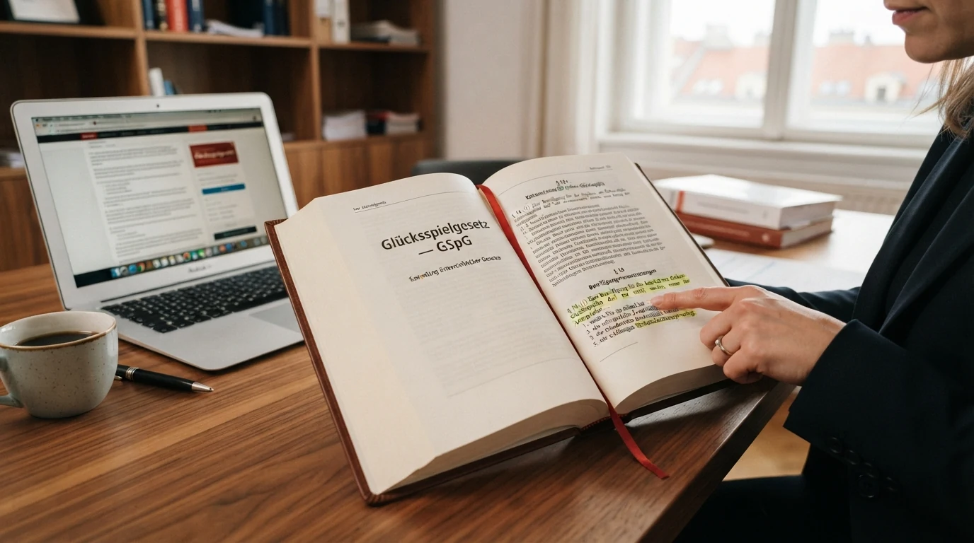 Ein aufgeschlagenes Gesetzbuch mit dem Titel „Glücksspielgesetz — GSpG“ und einem markierten Abschnitt zur Konzessionspflicht
