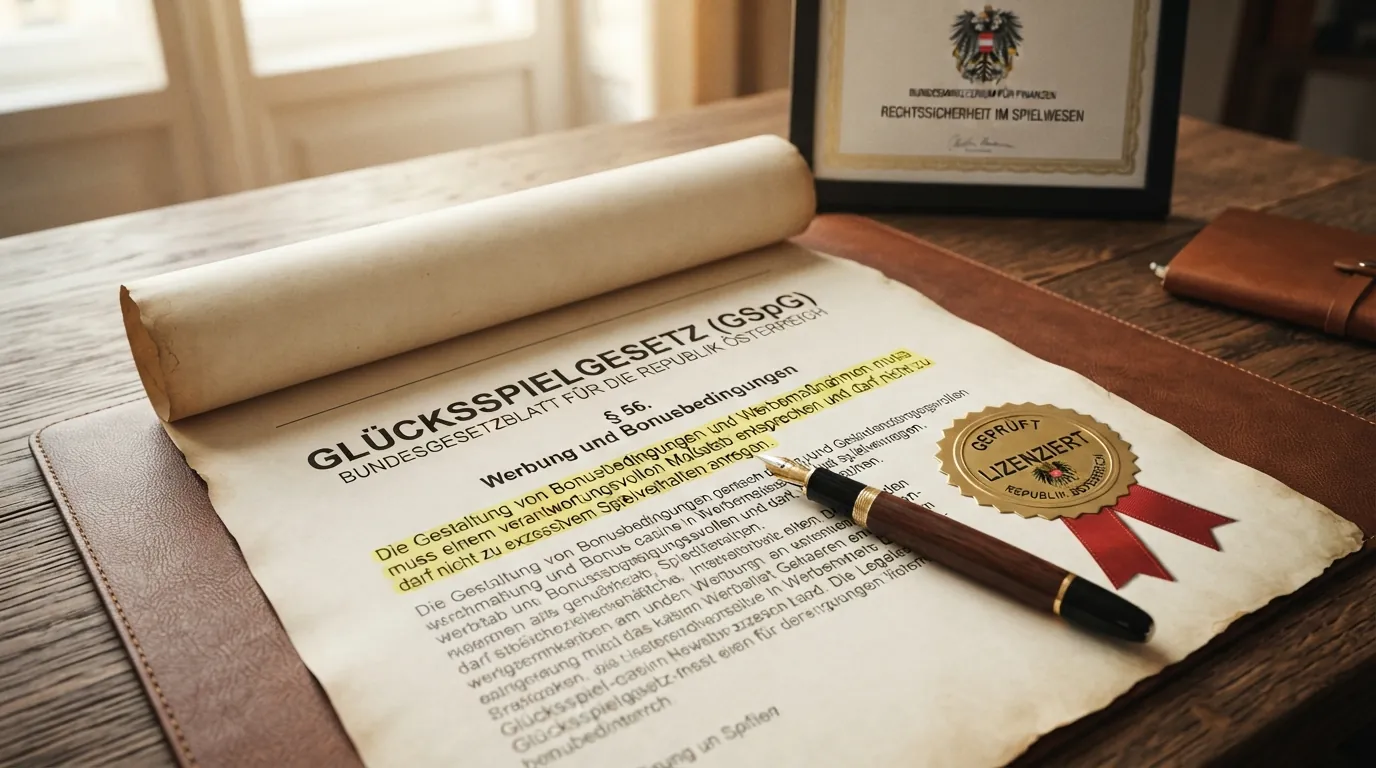 Ein Gesetzestext mit Markierung am Paragraphen zum verantwortungsvollen Maßstab (§ 56 GSpG), daneben das österreichische Bundeswappen
