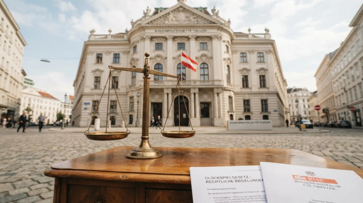 Das Gebäude des Bundesministeriums für Finanzen in Wien bei Tageslicht, im Vordergrund eine stilisierte Waage mit Paragrafen-Symbol