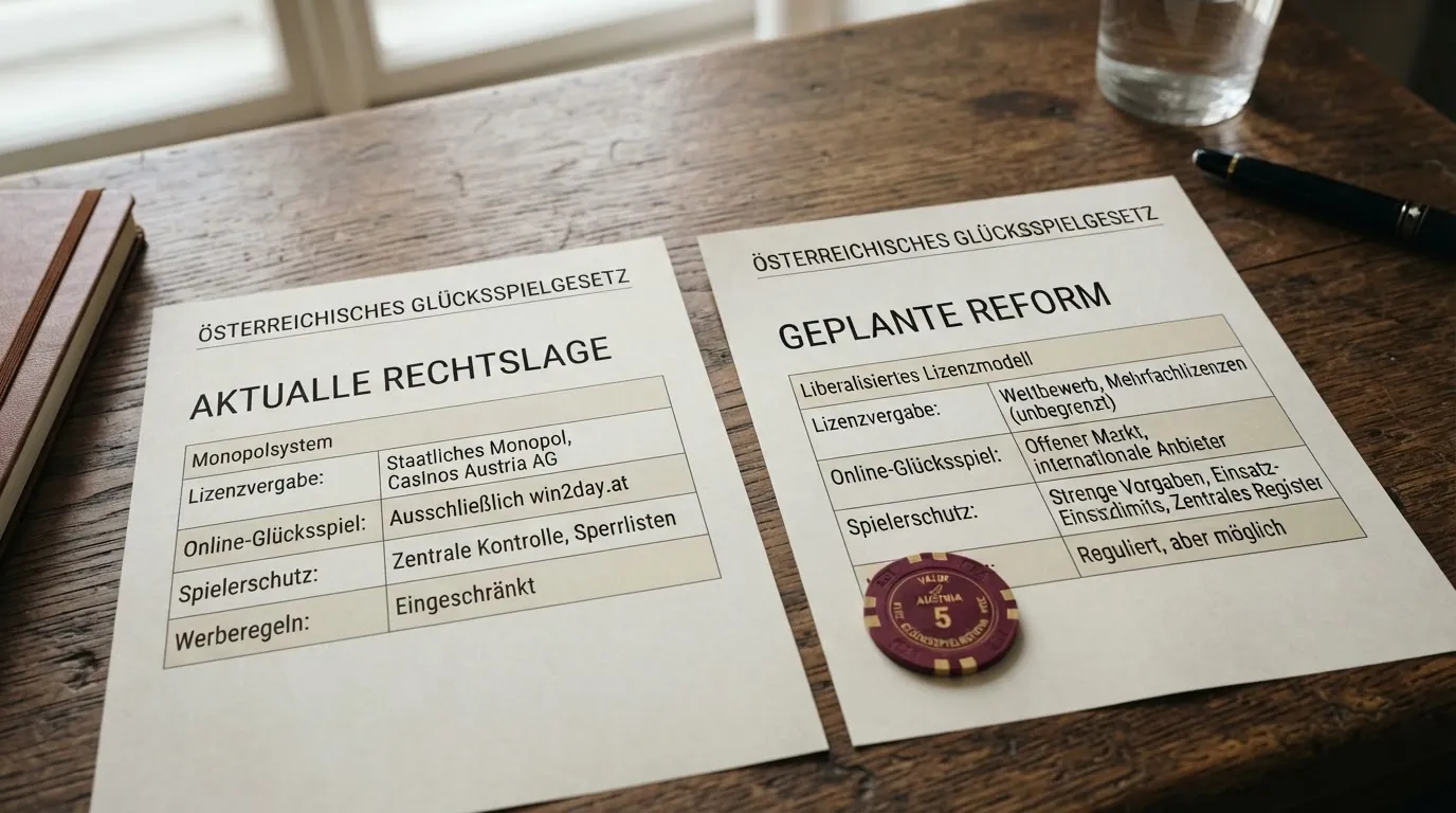 Vergleichsgrafik: aktuelle österreichische Glücksspiel-Rechtslage versus geplante Neuerungen der Reform — Einsatzlimit, Lizenzen, Sperrregister, Abkühlungsphase