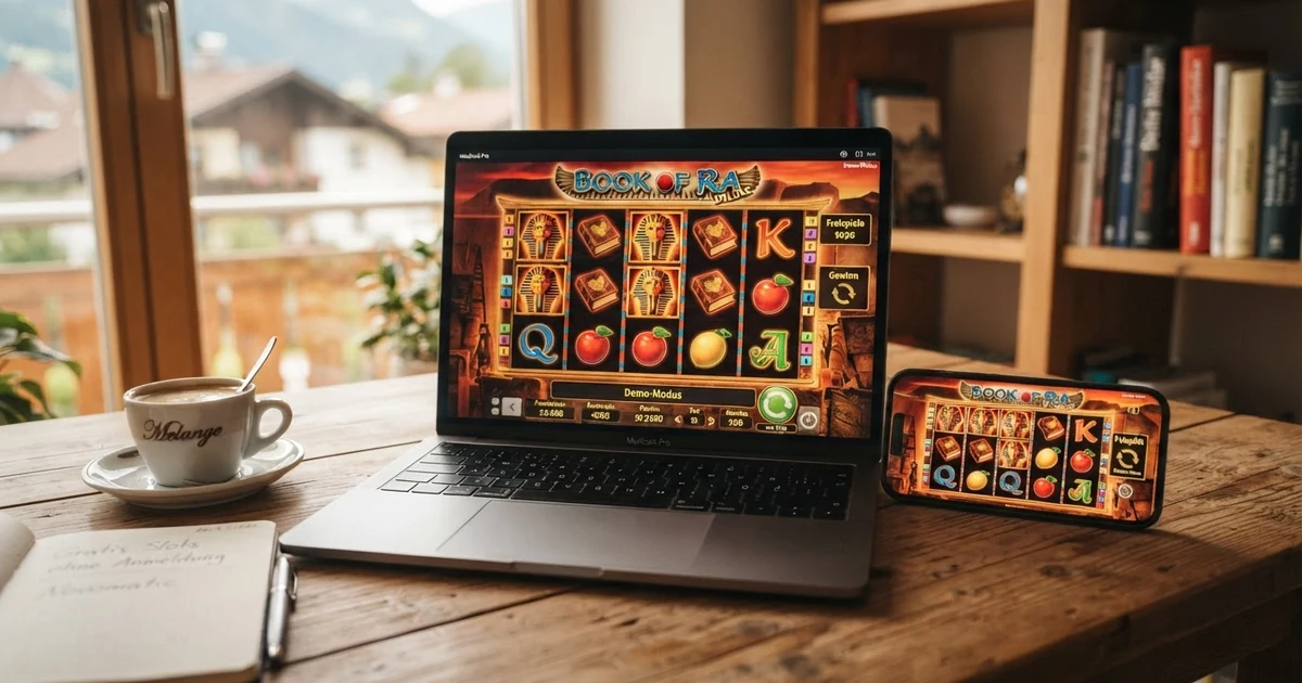 Ein geöffneter Laptop-Bildschirm zeigt ein Browser-Fenster mit einem farbenfrohen Spielautomaten im Demo-Modus, daneben liegt ein Smartphone mit demselben Slot — kein Anmeldeformular, kein Download-Hinweis im Bild.