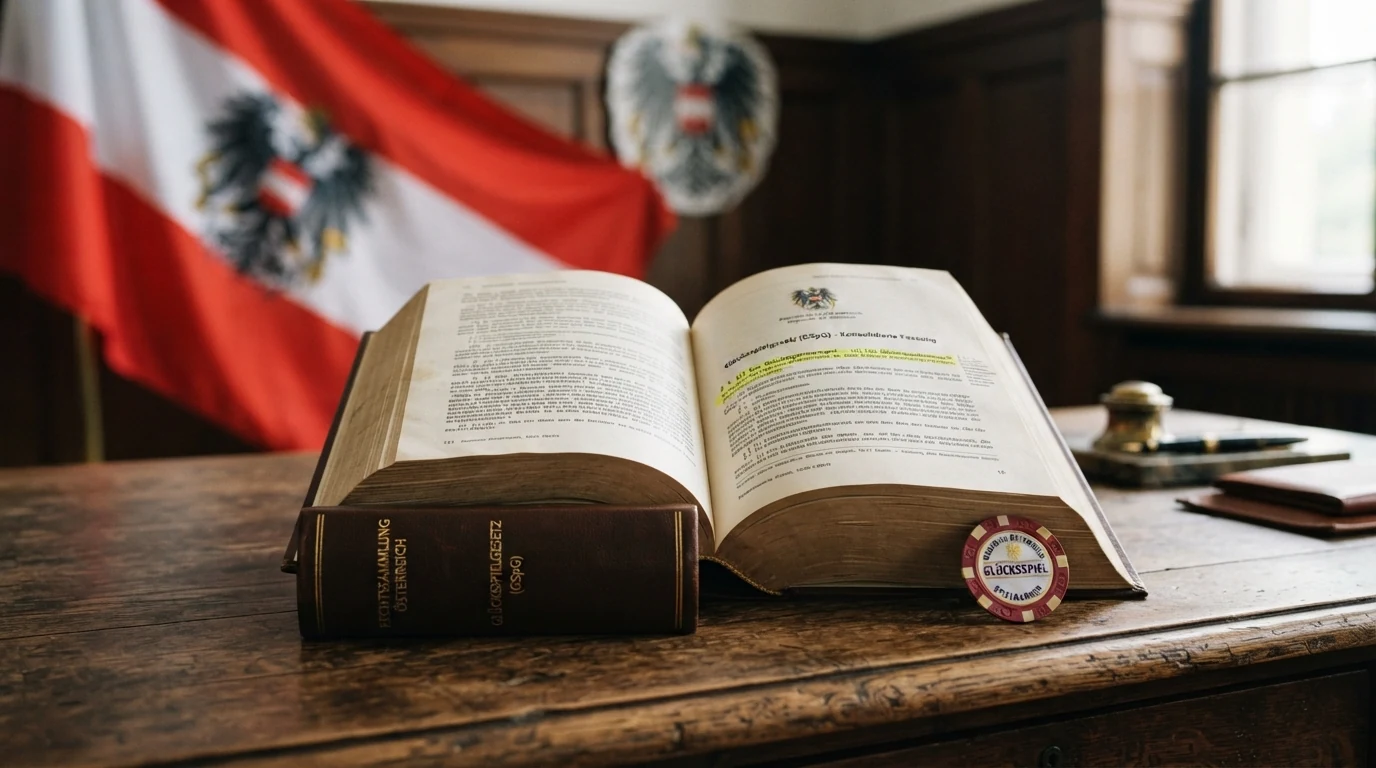 Ein aufgeschlagenes Gesetzbuch mit Paragrafenzeichen vor der österreichischen Flagge