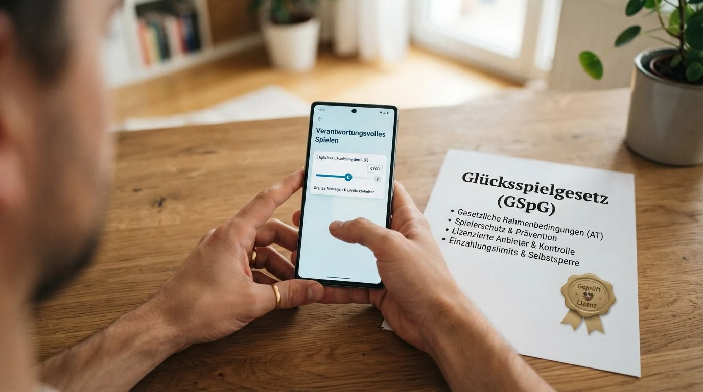Eine visuelle Darstellung der österreichischen Glücksspiel-Regulierung: das Glücksspielgesetz (GSpG), das Bundesministerium für Finanzen als Aufsichtsbehörde und die Trennung zwischen dem konzessionierten Monopol und dem ausländischen Markt.