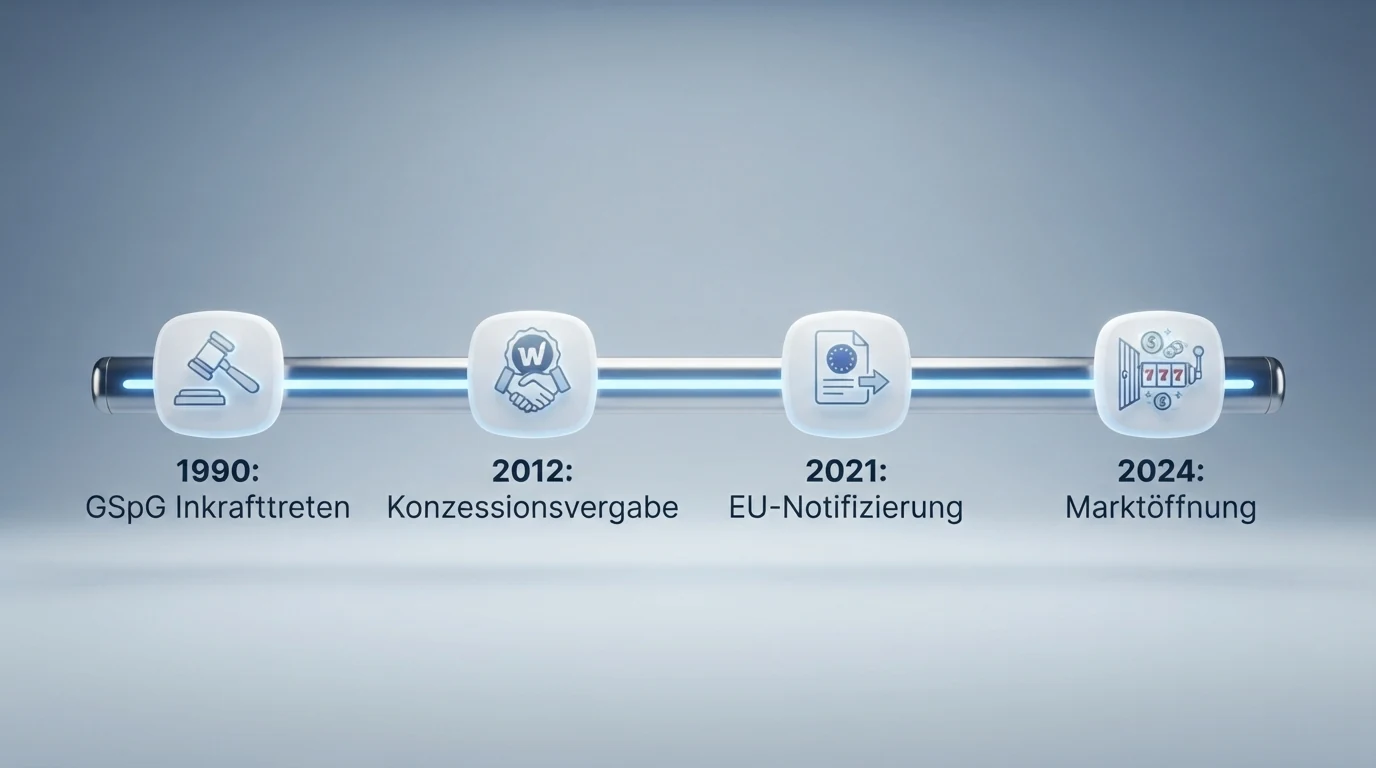 Eine grafische Zeitleiste der österreichischen Glücksspielregulierung mit Markierungen für GSpG-Erlass, win2day-Konzession und die Reform-Meilensteine 2026