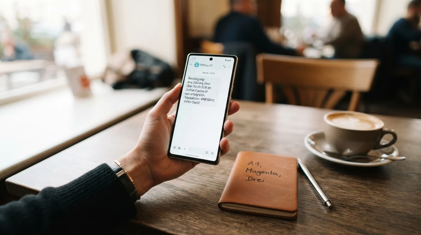 Schematische Darstellung eines Smartphones mit SMS-Bestätigungscode auf dem Bildschirm, daneben die Logos der Mobilfunkanbieter A1, Magenta und Drei