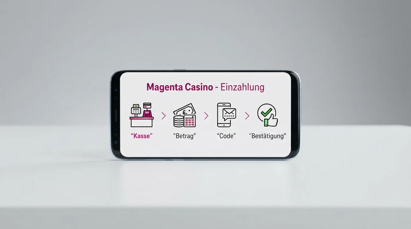 Schematische Darstellung des Einzahlungsvorgangs per Handyrechnung in vier Schritten — von der Kasse bis zur SMS-Bestätigung