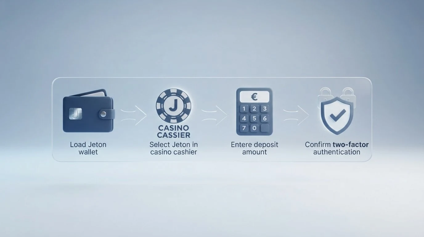 Schematische Darstellung des Einzahlungsvorgangs: Jeton-Wallet mit Guthaben, Casino-Kassenauswahl „Jeton“, Betragseingabe und Bestätigung per Zwei-Faktor-Authentifizierung