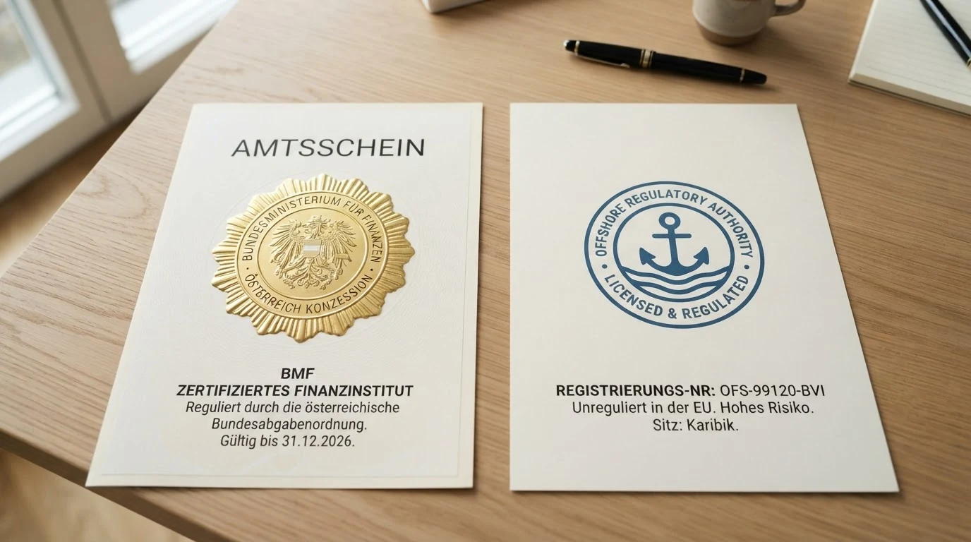 Gegenüberstellung eines österreichischen Konzessionssiegels des BMF und eines Offshore-Lizenz-Logos mit der Flagge von Curaçao