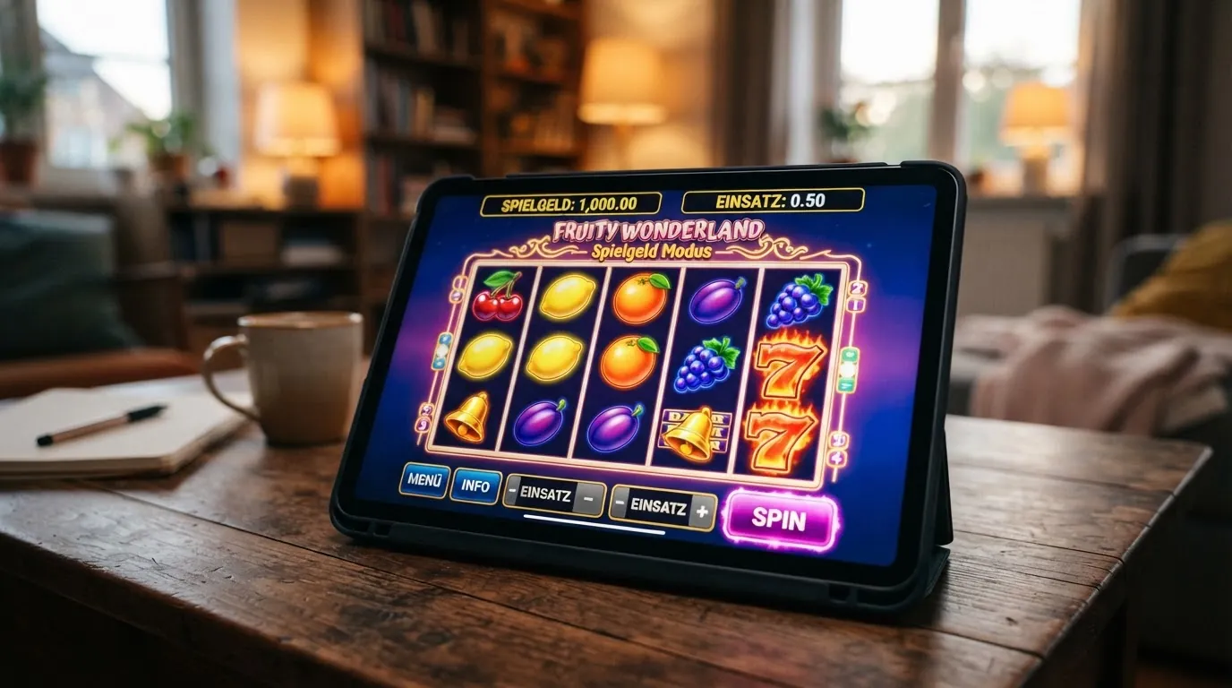 Ein Slot-Spielautomat auf einem Tablet-Bildschirm im Demo-Modus, deutlich sichtbar die Anzeige „Spielgeld“ statt eines Euro-Betrags