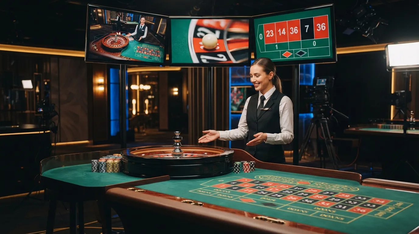 Mehrere Kameraperspektiven auf einen Live-Roulette-Tisch: Totale des Kessels, Nahaufnahme der Kugel und der Anzeigetafel mit den letzten Zahlen.