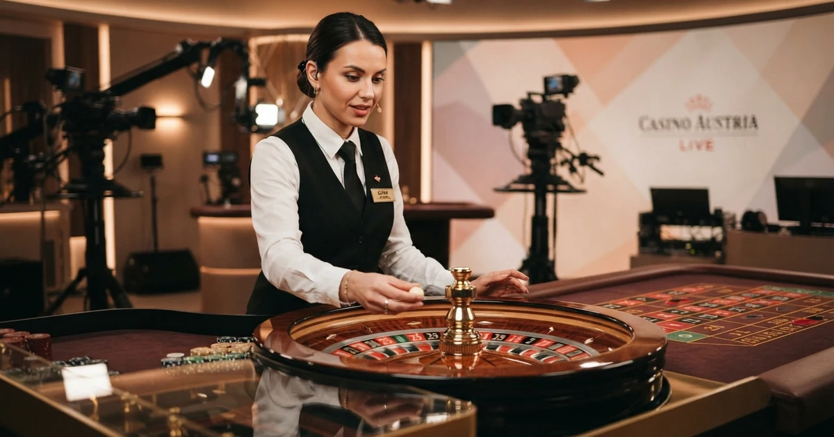 Ein Live-Croupier an einem Roulette-Tisch mit deutschem Tableau, im Hintergrund das Studio-Setup mit Kameras und Beleuchtung