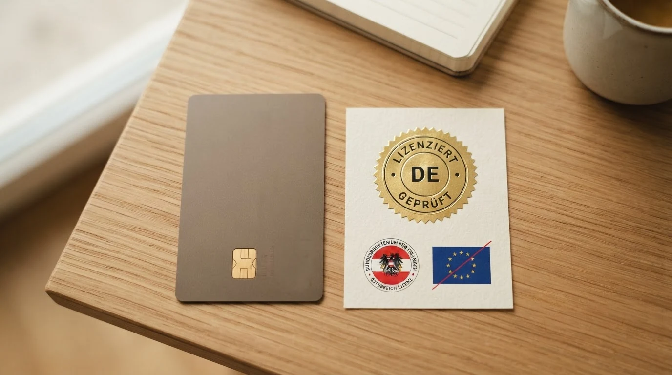 Das österreichische BMF-Glücksspiel-Konzessionssiegel neben einer durchgestrichenen EU-Lizenzflagge