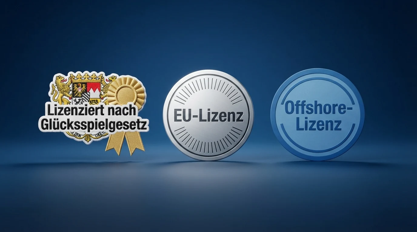 Drei Lizenzsiegel nebeneinander: das österreichische Wappen (GSpG-Konzession), das MGA-Logo und das Curaçao-eGaming-Symbol