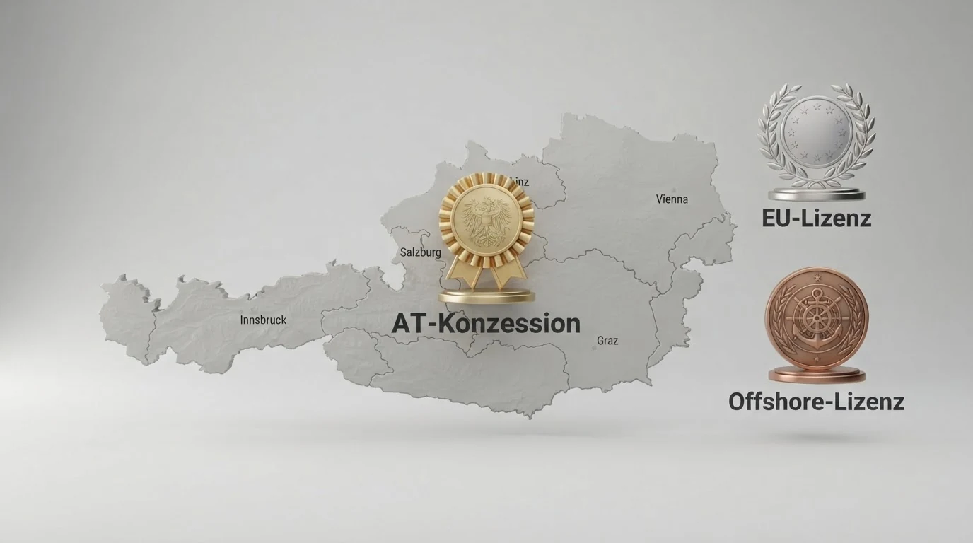 Eine grafische Übersicht zum österreichischen Glücksspielmonopol mit Gegenüberstellung von AT-Konzession, MGA-Lizenz und Curaçao-Lizenz