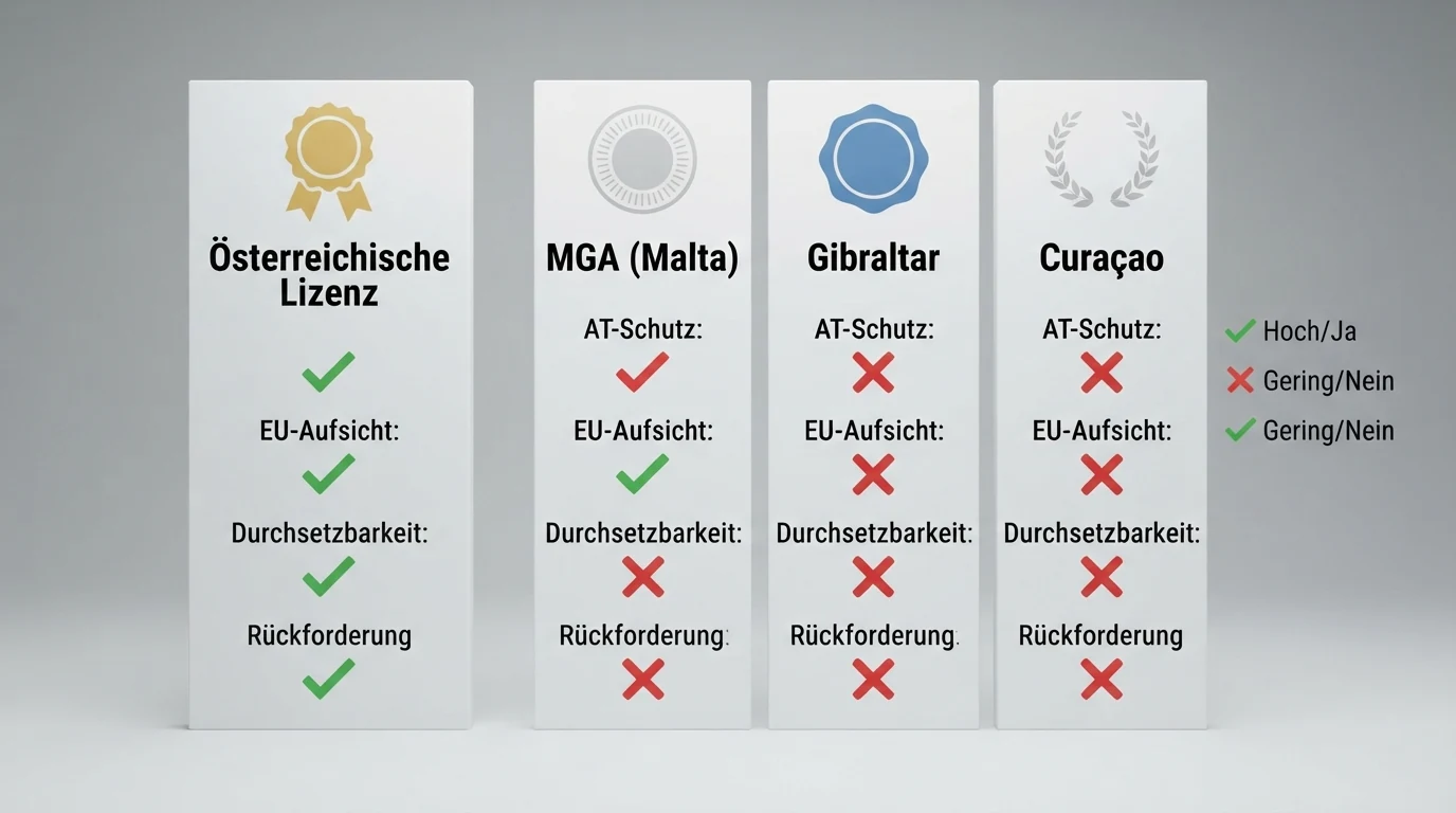 Eine Übersichtstabelle, die die österreichische Konzession den häufigsten ausländischen Lizenzen (MGA, Curaçao, Gibraltar) gegenüberstellt