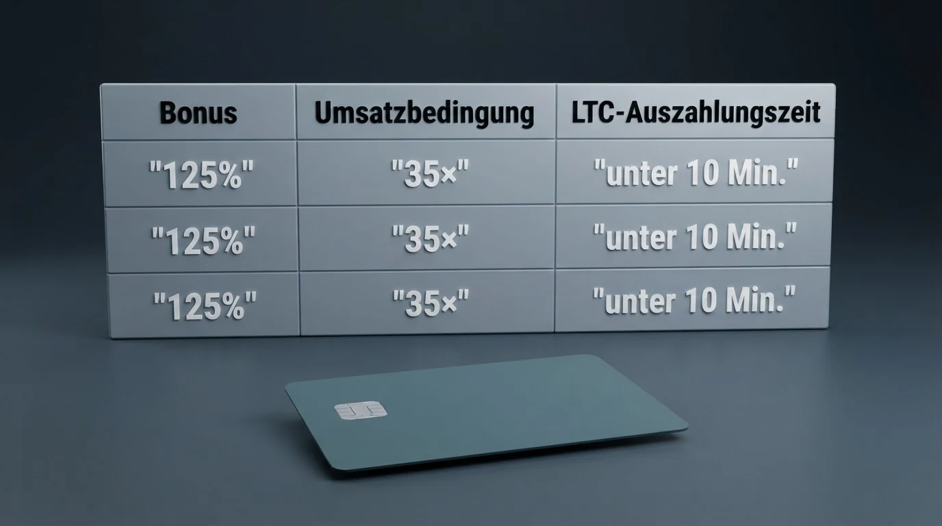 Vergleichstabelle der zehn wichtigsten Litecoin-Casinos mit Angaben zu Bonus, Umsatzbedingung und LTC-Auszahlungszeit