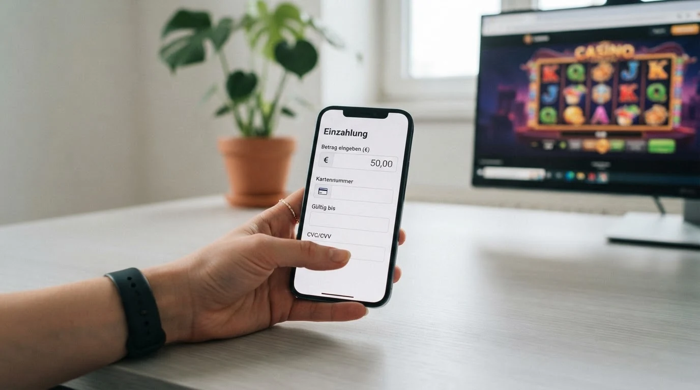 Schematische Darstellung des Mastercard-Einzahlungsvorgangs im Online-Casino mit Smartphone-Bildschirm Kreditkarte und 3D-Secure-Bestätigungsdialog