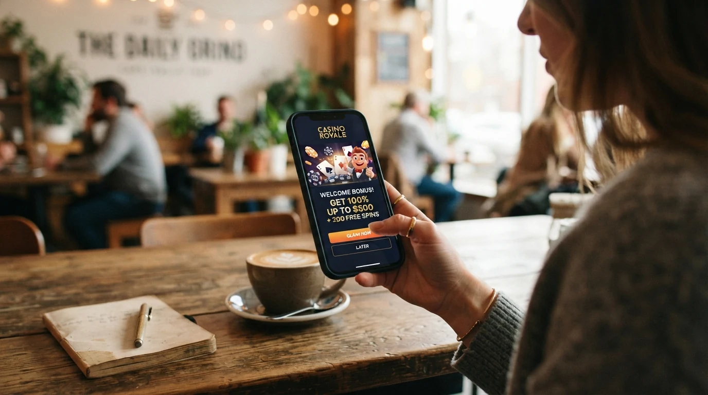 Eine Hand hält ein Smartphone mit geöffneter Casino-App, auf dem Display ist ein Willkommensbildschirm mit „Bonus“ zu sehen