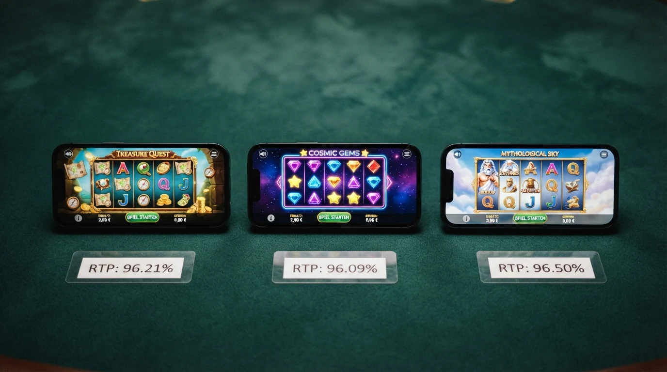 Drei Smartphones im Querformat nebeneinander, jedes mit einem der drei Spielautomaten: Book of Dead (links), Starburst (Mitte), Gates of Olympus (rechts), unter jedem Display die jeweilige RTP-Prozentzahl