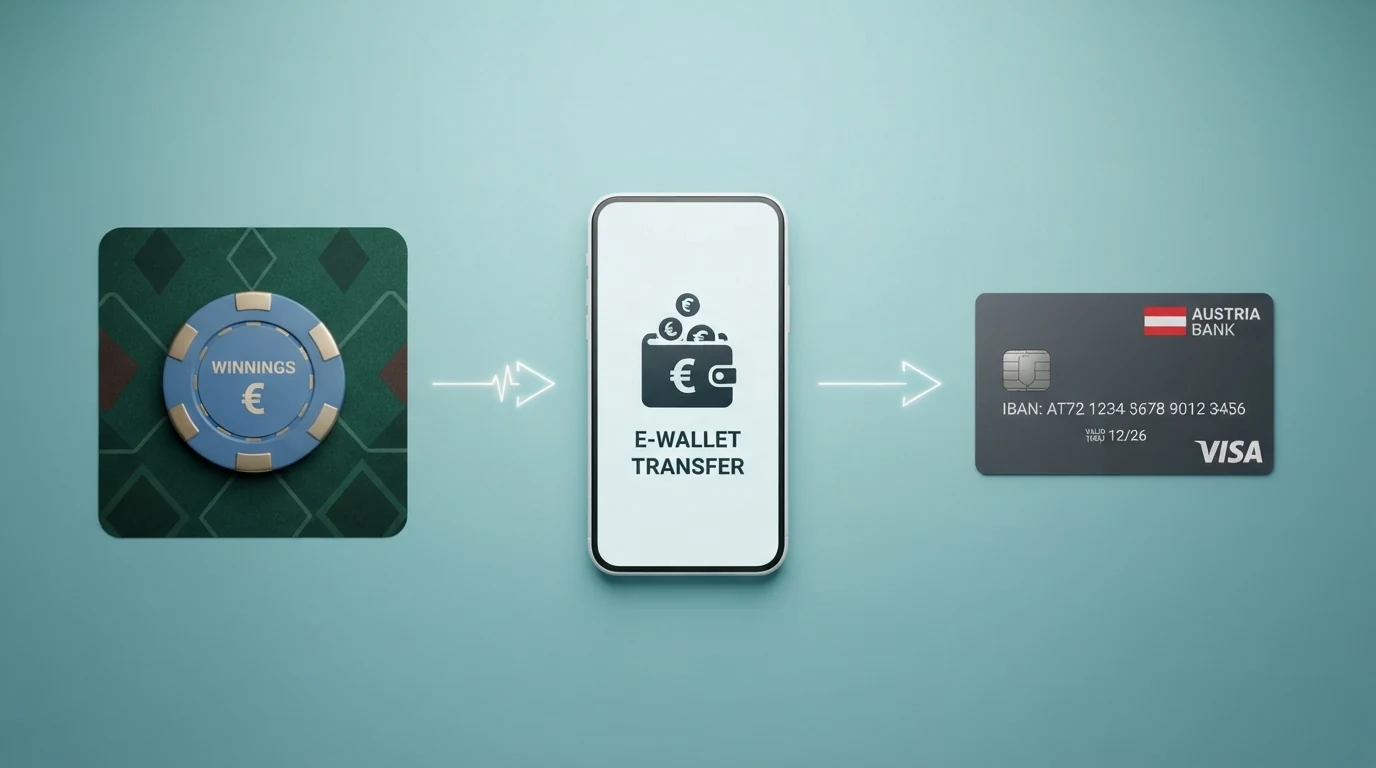 Schematische Darstellung des Zahlungsflusses: Casino-Konto → Neteller-Wallet → Bankkonto, mit Zeitangaben für jeden Schritt