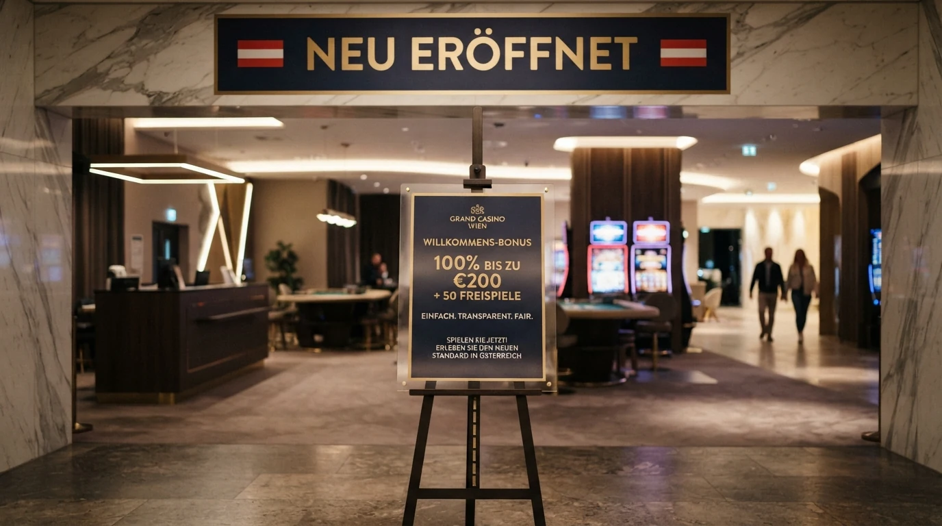 Eine stilisierte Casino-Lobby mit einem „Neu eröffnet“-Schild, im Vordergrund ein leeres Bonus-Angebotsschild