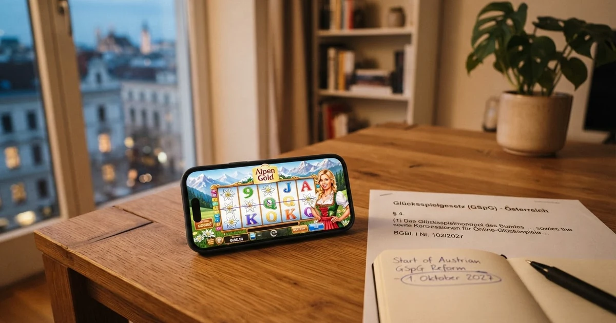 Ein Smartphone mit geöffneter Casino-Webseite vor einem Bildschirm mit dem Text des österreichischen Glücksspielgesetzes und einem Kalenderblatt mit dem Datum Oktober 2027