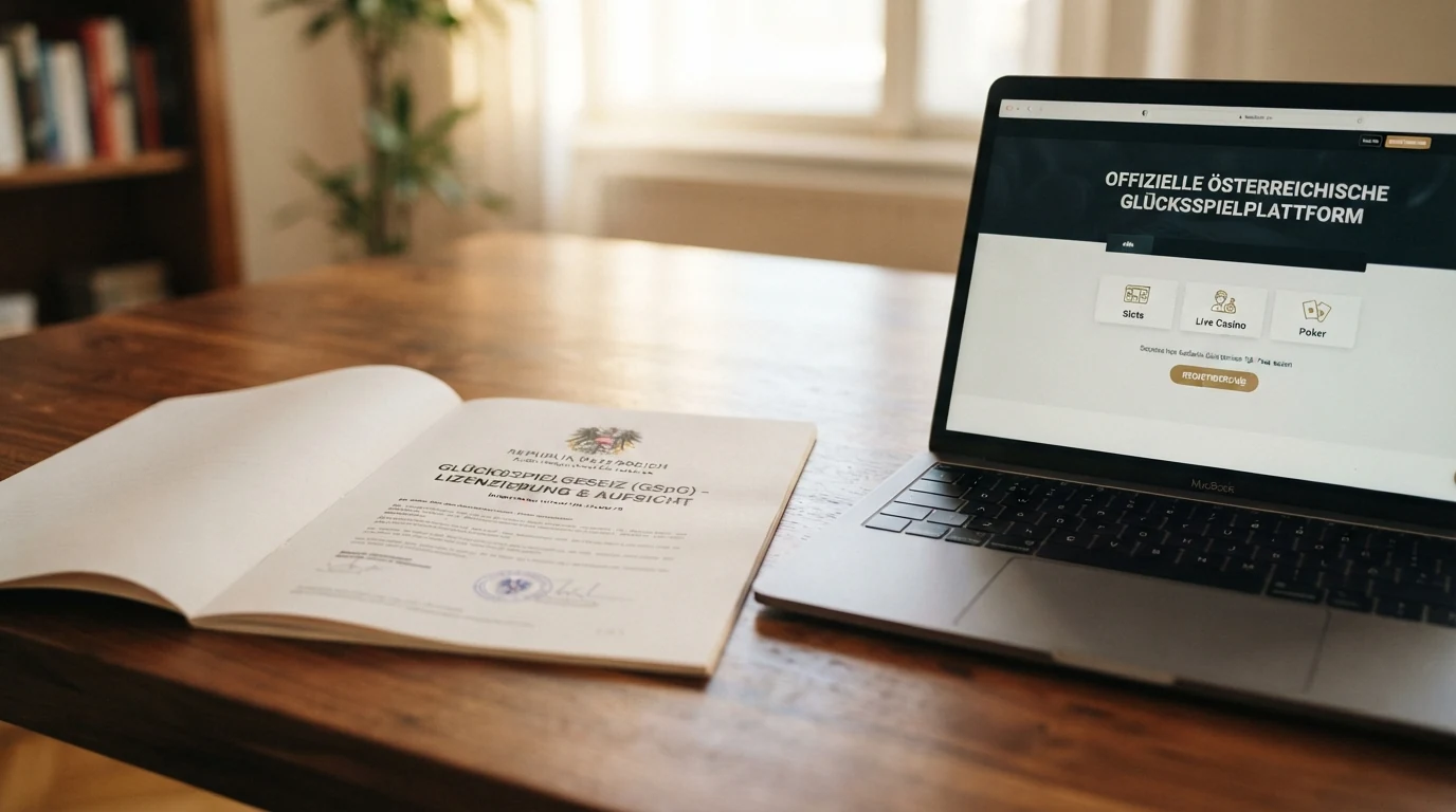 Offizielles Dokument mit österreichischem Bundesadler und Paragrafenzeichen vor einem Bildschirm mit Casino-Oberfläche