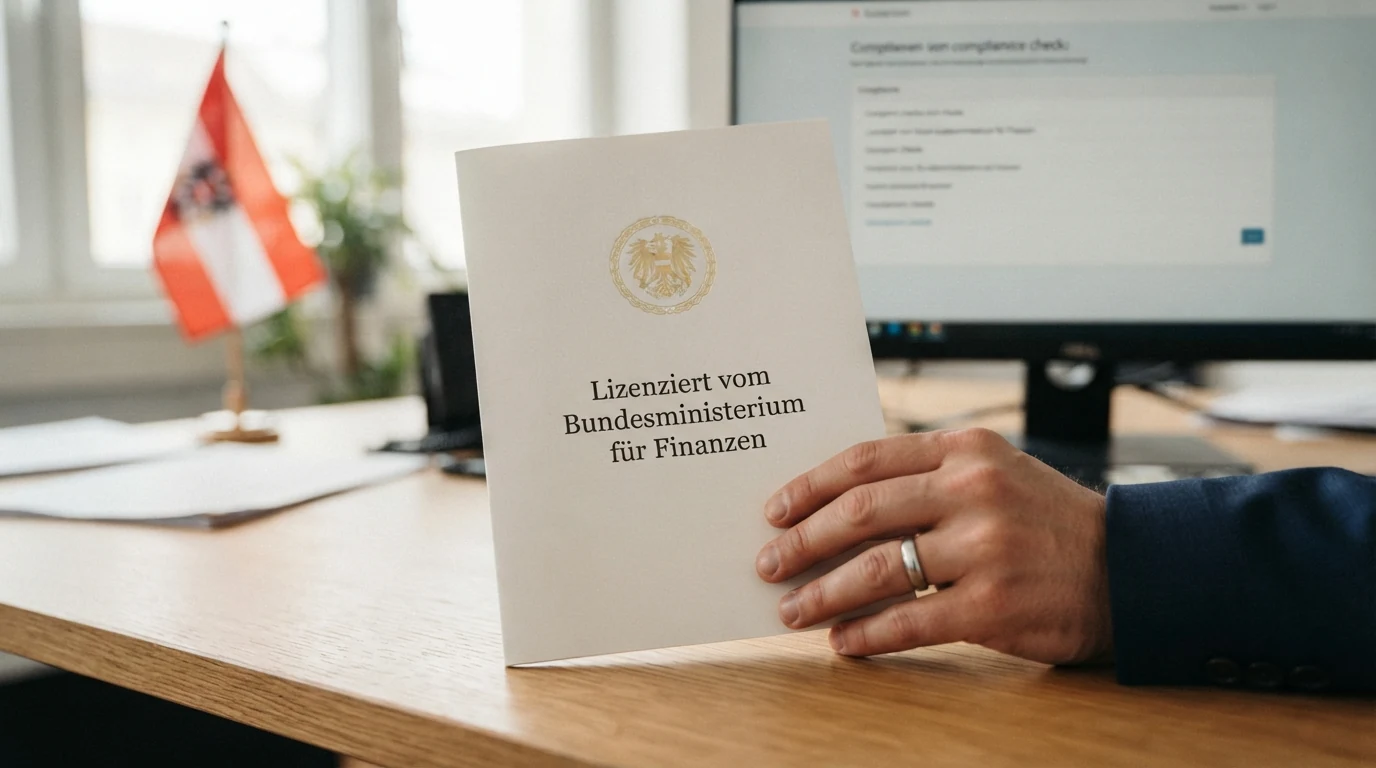 Ein stilisiertes Dokument mit der Aufschrift Glücksspielgesetz — GSpG, daneben das offizielle Österreich-Wappen und die Abkürzung BMF für Bundesministerium für Finanzen — darunter eine einzelne hervorgehobene Konzessionsurkunde.