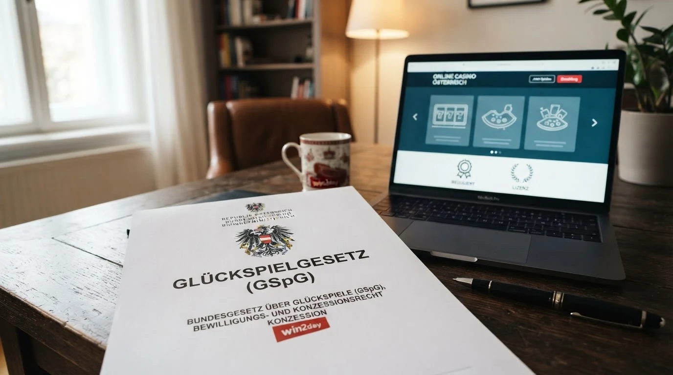 Offizielles österreichisches Wappen neben dem Schriftzug „Glücksspielgesetz (GSpG)“ auf einem Dokument – im Kontrast dazu die Logos von MGA, Curaçao eGaming und Gibraltar Gambling Commission
