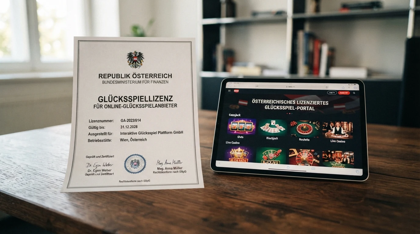 Offizielles Dokument mit österreichischem Bundesadler und Gesetzestext, daneben ein Tablet mit Casino-Startseite