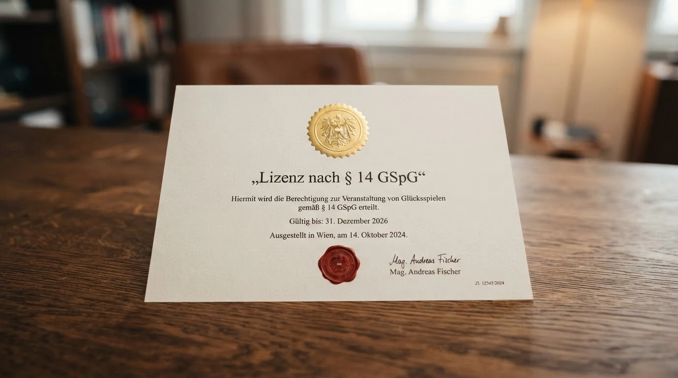 Offiziell wirkendes Dokument mit österreichischem Bundesadler und dem Schriftzug „Konzession nach § 14 GSpG“