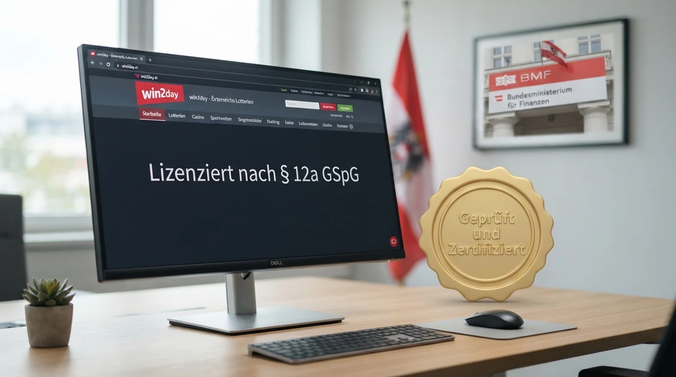 Das win2day-Logo und das Siegel der Österreichischen Lotterien auf einem Bildschirm, daneben die Fassade des Bundesministeriums für Finanzen in Wien