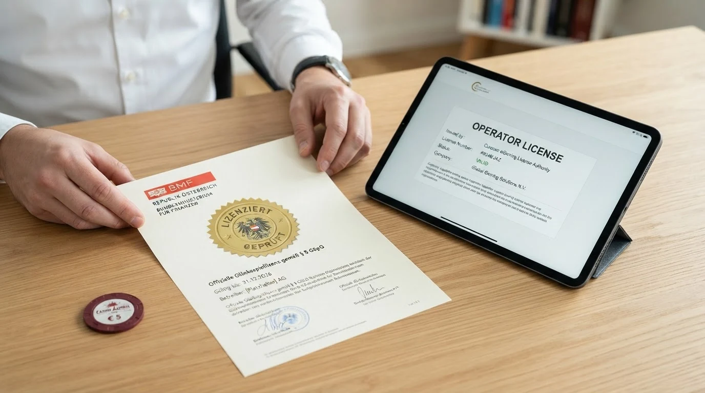 Amtliches österreichisches BMF-Dokument neben einem Tablet, das eine Casino-Lizenz-Webseite einer ausländischen Behörde zeigt