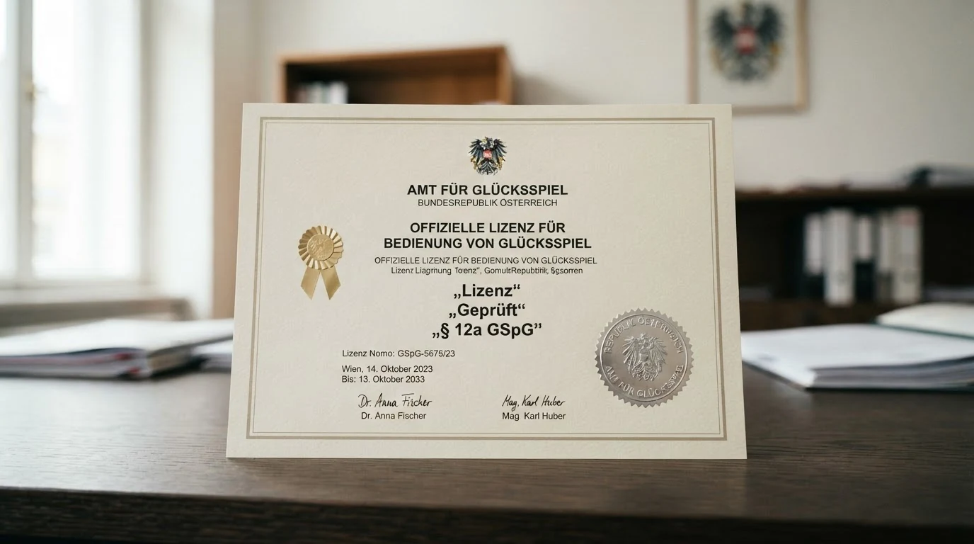 Offiziell wirkendes Dokument mit Bundesadler und BMF-Schriftzug, das die österreichische Glücksspielkonzession symbolisiert — daneben eine durchgestrichene MGA-Lizenz.