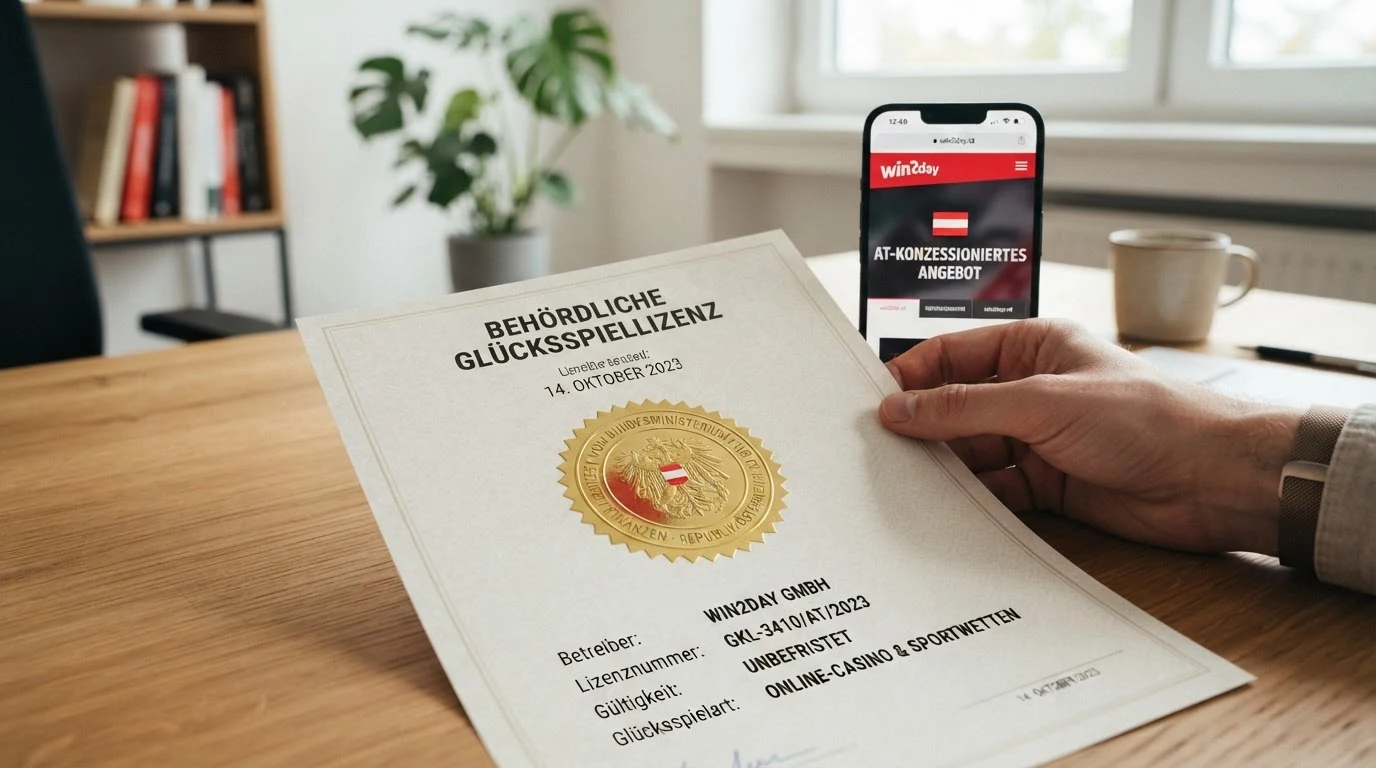 Offiziell wirkendes Dokument oder Siegel mit Bezug zur österreichischen Glücksspielregulierung, ein Smartphone mit Casino-App im Hintergrund
