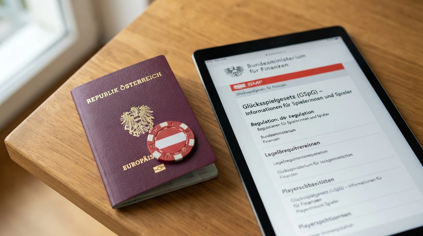 Nahaufnahme eines österreichischen Reisepasses neben einem Tablet, auf dem das BMF-Logo und der Schriftzug „Glücksspielgesetz“ zu sehen sind