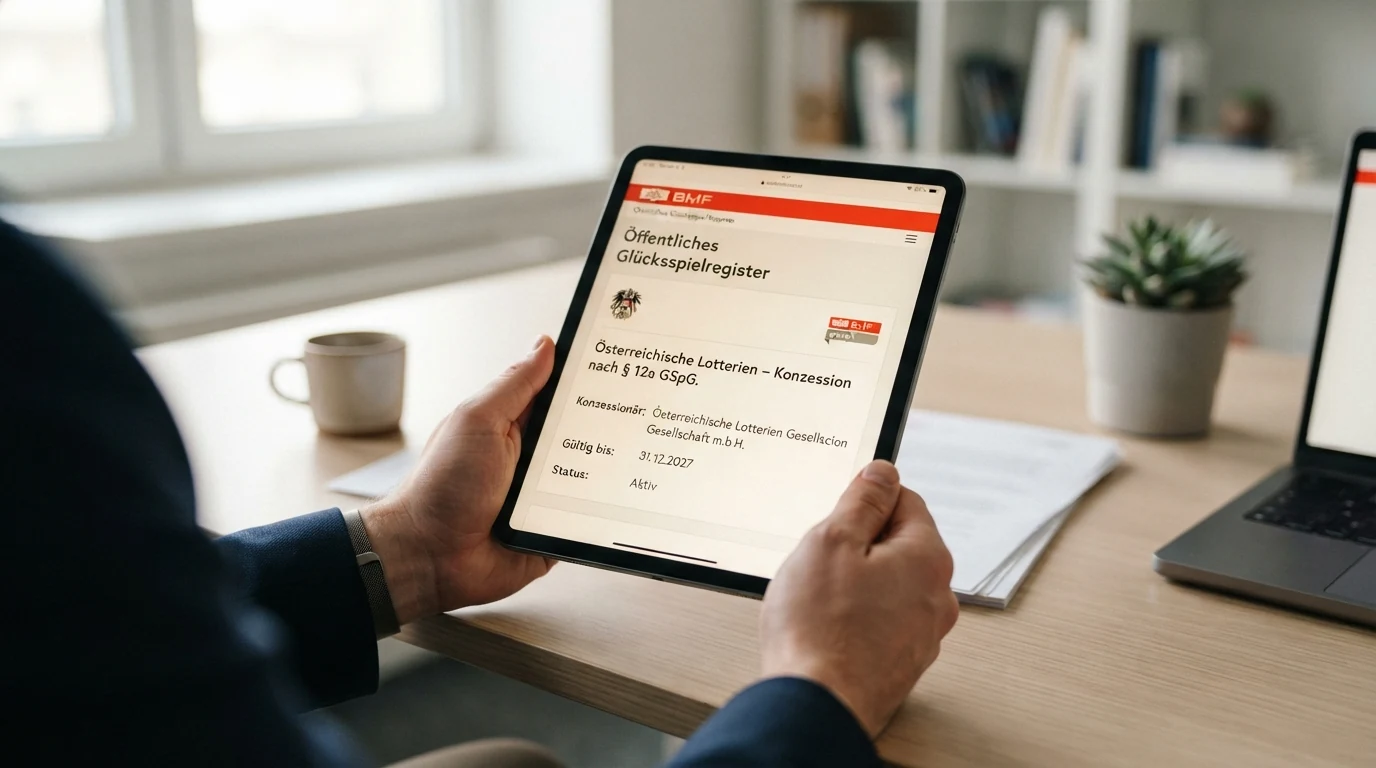Screenshot des öffentlichen BMF-Konzessionsregisters mit dem Eintrag der Österreichischen Lotterien als einzigem Konzessionär
