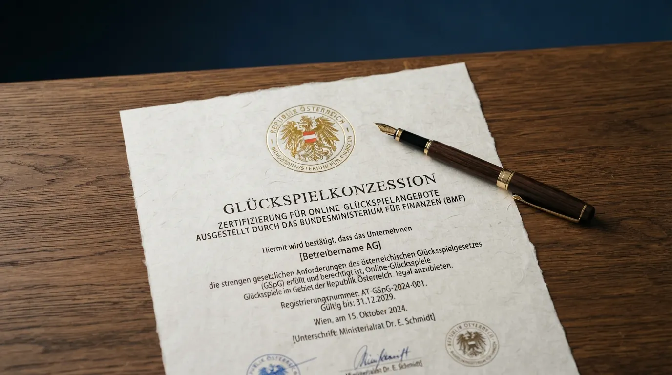 Das offizielle Wappen der Republik Österreich auf einer Urkunde mit der Überschrift „Glücksspielkonzession“, daneben das win2day-Logo.