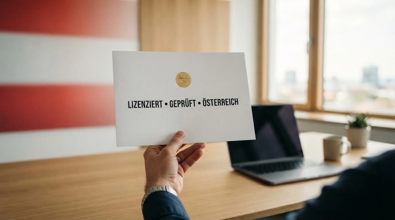 Screenshot der offiziellen BMF-Webseite mit der Liste der österreichischen Glücksspielkonzessionäre oder Darstellung des österreichischen Wappens neben dem win2day-Logo
