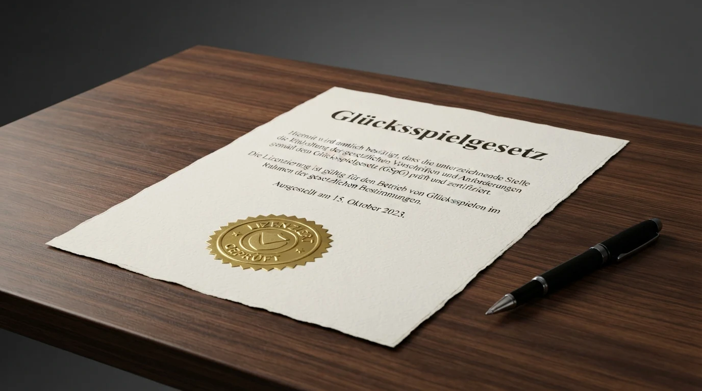 Offizielles Dokument mit österreichischem Bundeswappen neben dem Schriftzug Glücksspielgesetz auf einem Schreibtisch