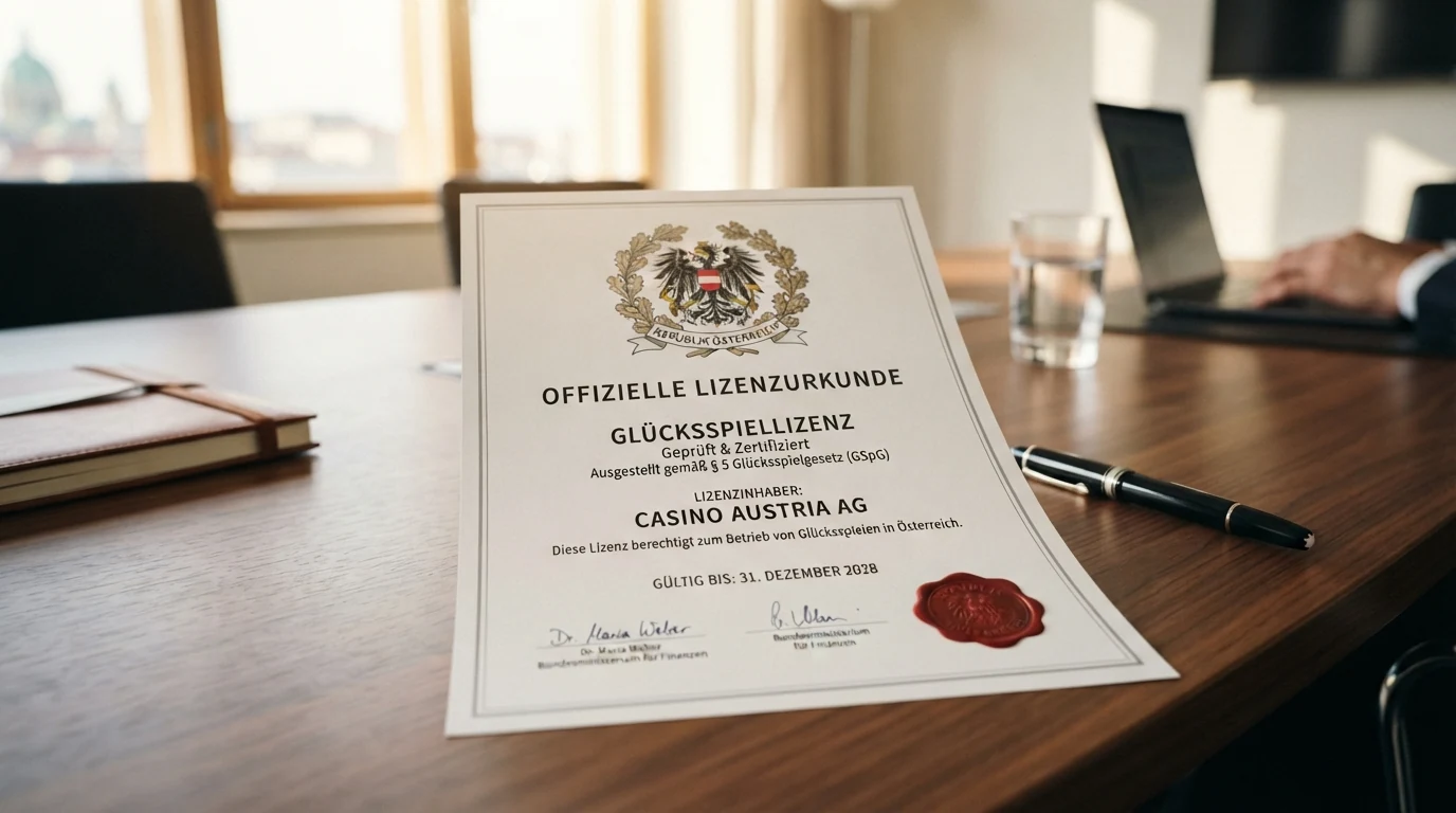 Offiziell wirkendes Dokument mit dem Schriftzug „Glücksspielgesetz“ und dem österreichischen Bundesadler, daneben ein Sperrsymbol mit der Aufschrift „Nicht lizenziert“