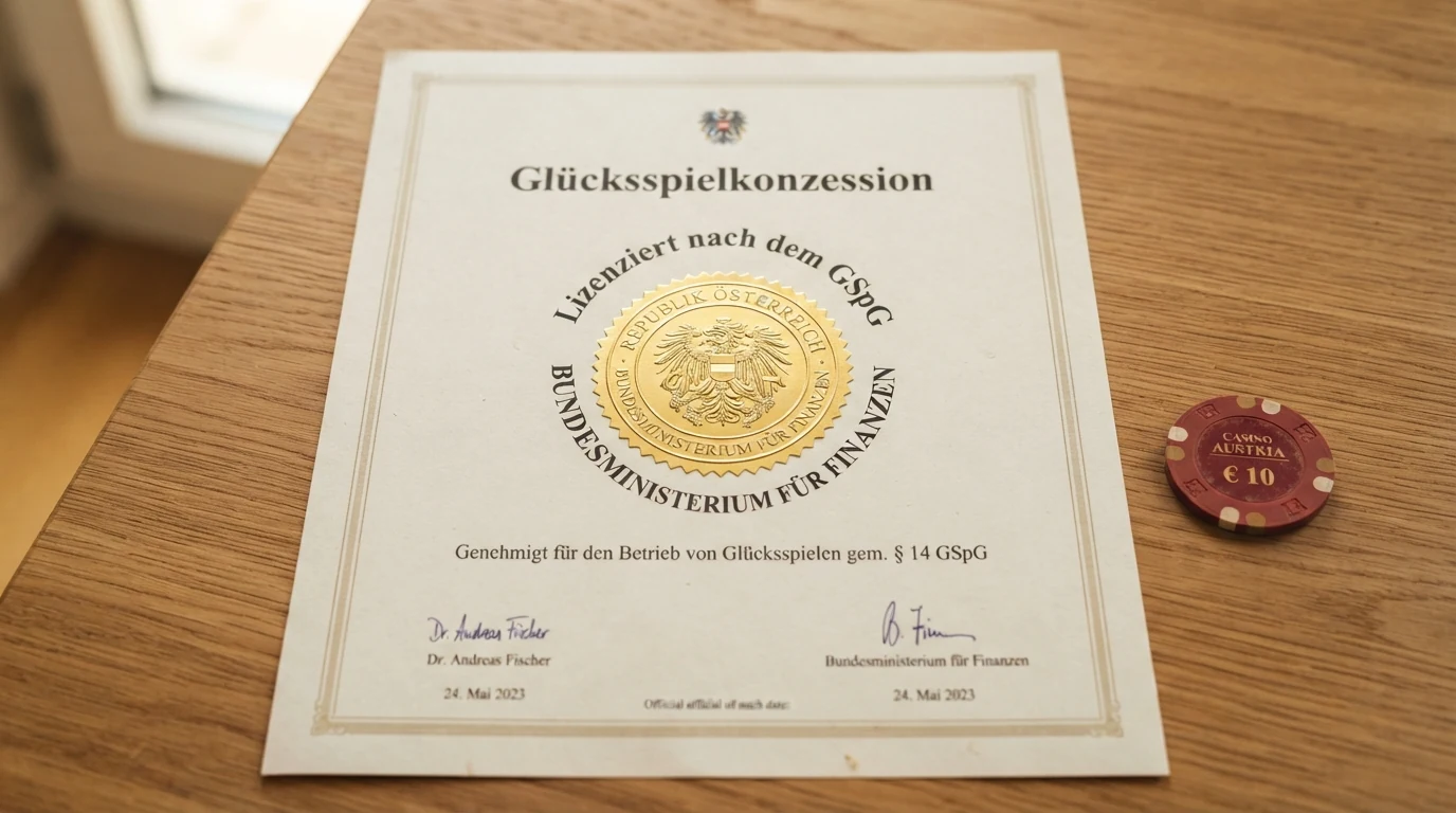 Ein offiziell wirkendes Dokument mit österreichischem Bundesadler und der Aufschrift Glücksspielkonzession