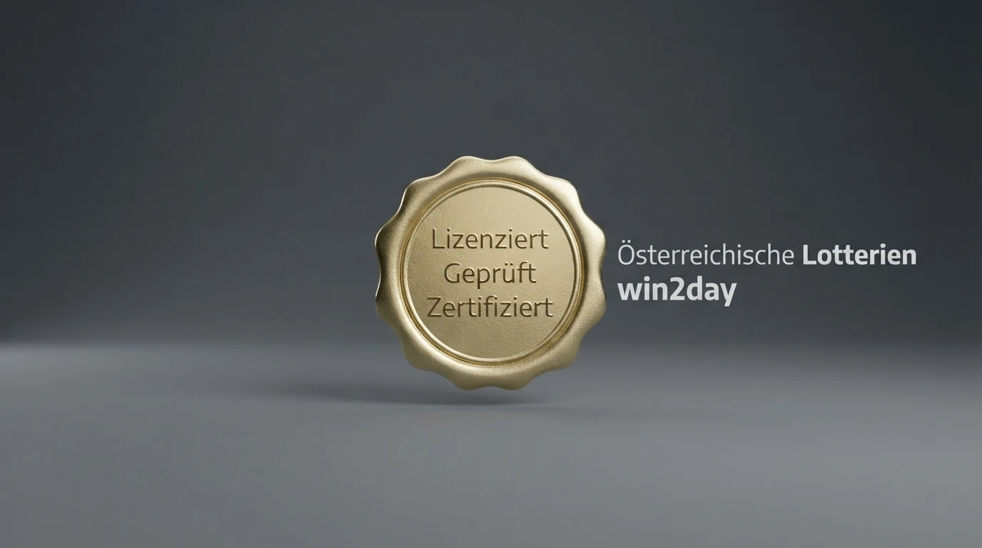 Offizielles win2day-Logo neben dem Schriftzug der Österreichischen Lotterien, auf einem neutralen Hintergrund mit einem dezenten Hinweis auf die GSpG-Konzession