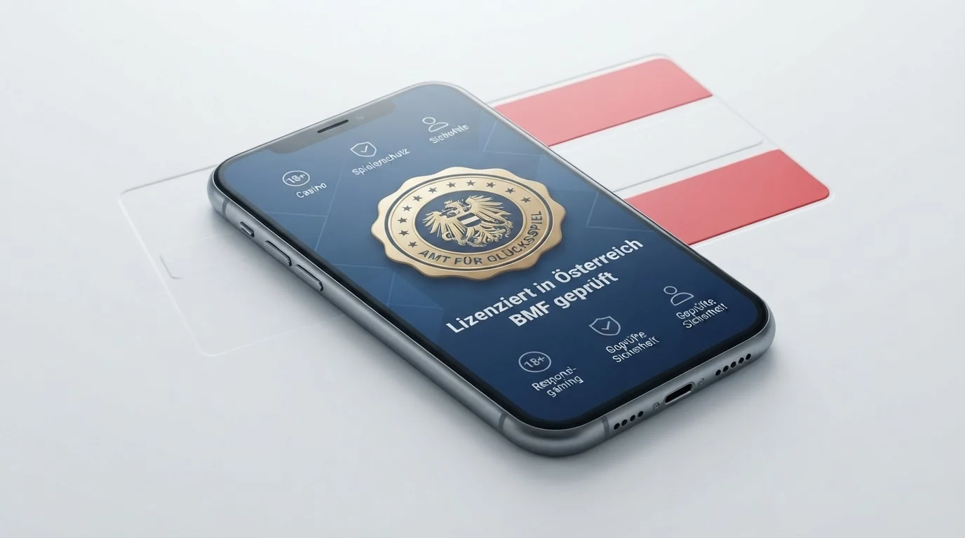 Ein Smartphone zeigt das win2day-Logo und das BMF-Siegel nebeneinander; im Hintergrund eine stilisierte Österreich-Flagge