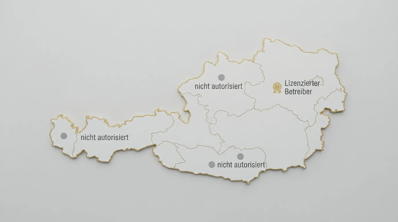 Eine stilisierte Österreich-Karte mit Hervorhebung des Glücksspielmonopols — nur ein Punkt ist als „konzessioniert“ markiert, mehrere andere als „nicht autorisiert“